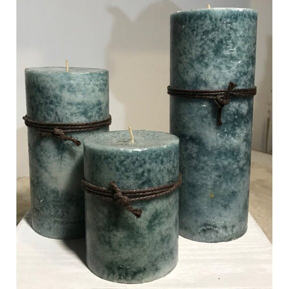 Set Of 3 Pillar Candles Handmade Rustic Blue Teal With Twine Accent Nautical - Picture 1 of 10
